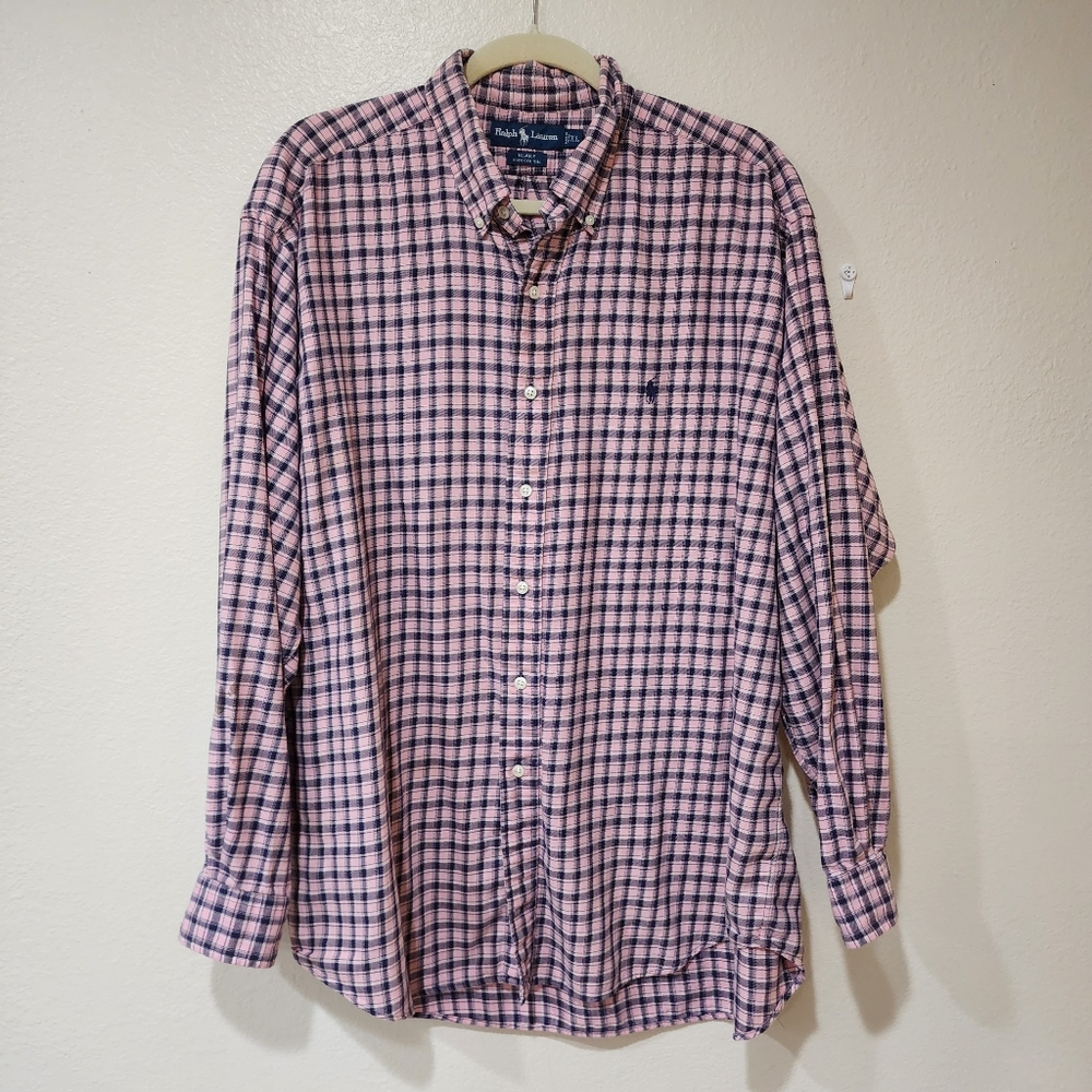 Ralph Lauren Blake Shirt Button Down Pink & Navy Plaid Brushed Cotton size XL